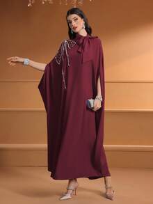 Damen Einfarbige Schleifenkrawatte, Stark bestickt mit Perlen, Schulter-Applikation elegantes arabisches Gewand (Abaya)