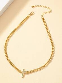 1pc Rhinestone Cross Pendant Necklace, Suitable For Daily Wear - Yellow Gold - View 2