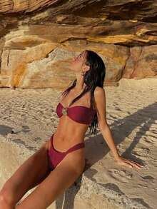 New 2pcs Swimsuit Women Fashionable Metal Decor Backless Bikini Solid Color Swimwear - Burgundy - View 2