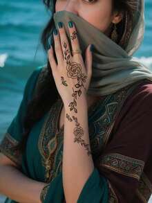 2 件黑色指甲花临时纹身贴纸，莲花和叶子图案，水转印防水临时纹身，适合女士和女孩，用于婚礼、派对和节日 - 黑色 - 查看 2