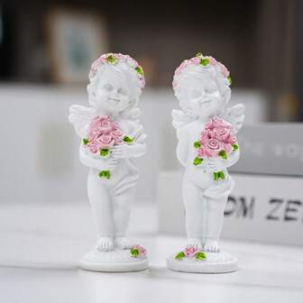 2pcs White Angel Holding Rose Resin Ornament, Indoor Decoration Ornaments, Tabletop Decorations