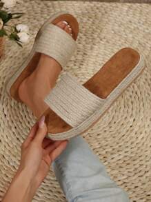 Sandalias casuales para mujer con suela gruesa, zapatos planos de talla grande tejidos con cuerda, pantuflas ligeras para el verano