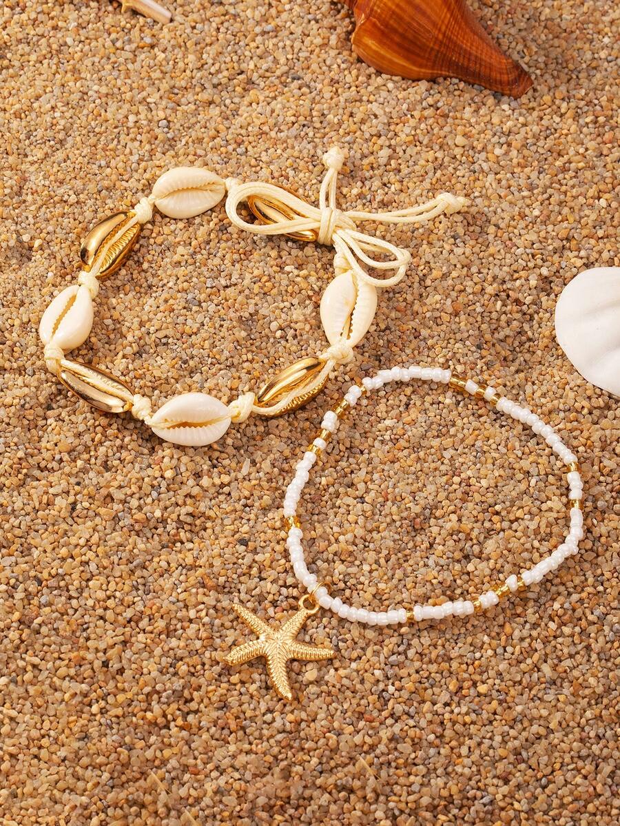 1 Set Of 2 Pcs Summer Starfish & Shell Woven Anklets, Fashionable European & American Ocean Beach Style - one-size - View 1
