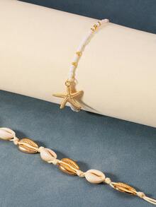 1 Set Of 2 Pcs Summer Starfish & Shell Woven Anklets, Fashionable European & American Ocean Beach Style - one-size - View 5