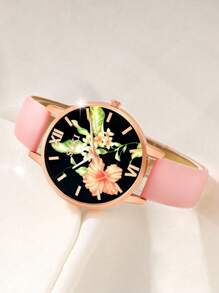 5er Set Damen Uhr mit pinkem PU Lederarmband, Quarzuhr mit modischem Strass-besetztem geometrischem Ziffernblatt, verzaubernd mit mehrfarbiger Kristall Blumen Halskette, Ohrringe, Ringe, eleganter und feiner Schmuck für den täglichen Trag, Schulanfang, Abschlussfeier, Erntedankfest, Paare, die perfekten Geschenkideen, Uhrenbox nicht enthalten