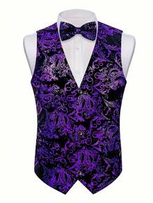 Men's Gold Foil Vest For Party, Wedding, Formal Event, Comes With Bowknot - Purple - View 3