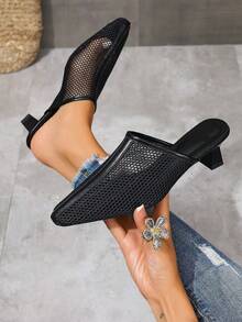 女士尖头细高跟穆勒凉鞋，黑色性感包头透气休闲一脚蹬夏季正装鞋 - 黑色 - 查看 2