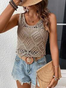 纯色镂空圆领上衣百搭无袖宽松针织上衣适合春夏季女装