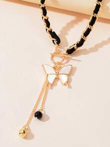 1 件优雅黑绳编织链 Y 型白色蝴蝶吊坠项链周年纪念礼物珠宝 - 蝴蝶白 - 查看 3