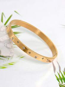 Brazalete estilo pulsera con flor chapado en oro de 18K de acero inoxidable, incrustado con circonita cúbica, impermeable, joyería de muñeca de estilo europeo y americano para mujer, adecuado para uso casual, boda, fiesta, regalo del Día de San Valentín