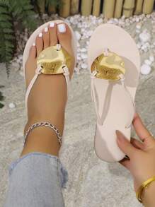 Women Boho Style Flip Flops, Indoor Outdoor Comfortable Minimalist Chic Metal Decor Sandals, Beach Wear For Summer