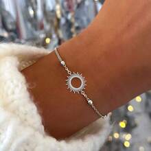 1 pieza Pulsera de cadena de cuentas de acero inoxidable dorado/plateado con diseño simple y hueco de sol de moda para mujeres - sol - Ver 2