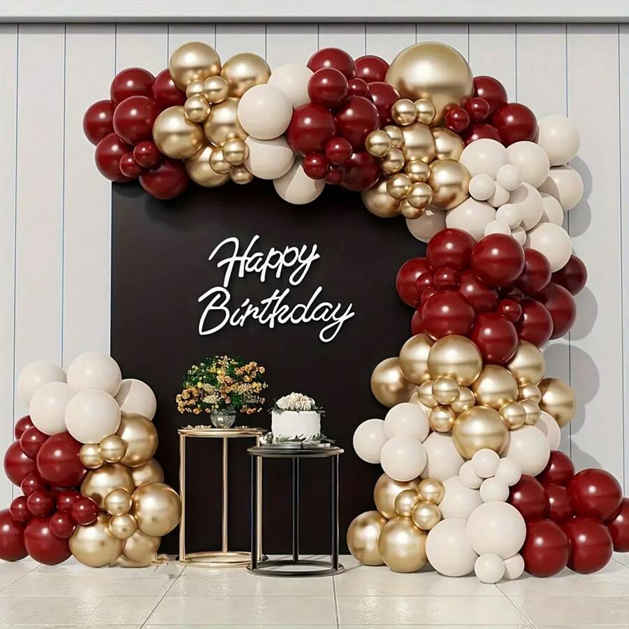 129件套酒红色、米色、金色金属质感波西米亚风婚礼拱门气球装饰套装，适用于新娘婚礼、情人节、生日、婚宴、礼物派对、毕业典礼、周年纪念、洗礼、主题派对、家居装饰、摄影、嘉年华、婴儿派对等多种场合。