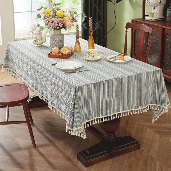 1pc Jacquard-Woven Gray & White Geometric Striped Pattern Tablecloth With Tassels