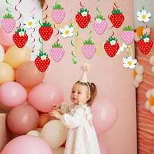 32 piezas Decoraciones de fiesta con temática de fresa: adornos colgantes en espiral, banners de fresa para el primer cumpleaños, remolinos de papel de aluminio de fresas para el techo, suministros para fiestas de primer cumpleaños con tema de fresa, decoración para el hogar - Multicolor - Ver 2