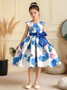 Young Girls Round Neck Floral Print Bow Decor Casual Dress, Headband Not Included - Royal Blue - View 1