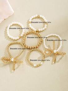 Conjunto de 3 pulseiras elásticas elegantes com pérolas românticas francesas e laços, pulseiras vintage multicamadas versáteis para mulheres, ideais para o verão, festas, encontros, feriados, combinação diária, presente