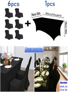 1/2pcs Black High Stretch Tablecloth + 6pcs Chair Cover Set, 4FT/6FT/8FT Polyester & Spandex Material Tablecloth, All-Season Tablecloth Covers, Full-Cover Chair Covers, PU Leather Chair Covers With Tie-Back, Suitable For Home, Indoor, Outdoor, Picnic And Camping, Fits All Holidays And Special Occasions