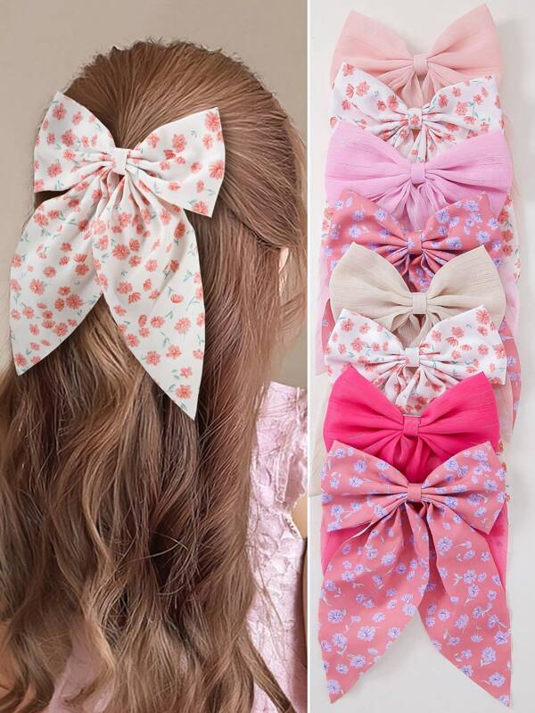 6pcs Ditsy Floral Shiny Silver Organza Bow Hair Clips Set For Baby Girls & Kids, Daily Use