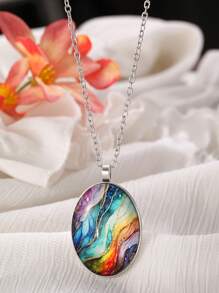 1 pièce Collier pendentif ellipse ciel étoilé coloré, accessoires de mode pour femmes, porter au quotidien et cadeau, été