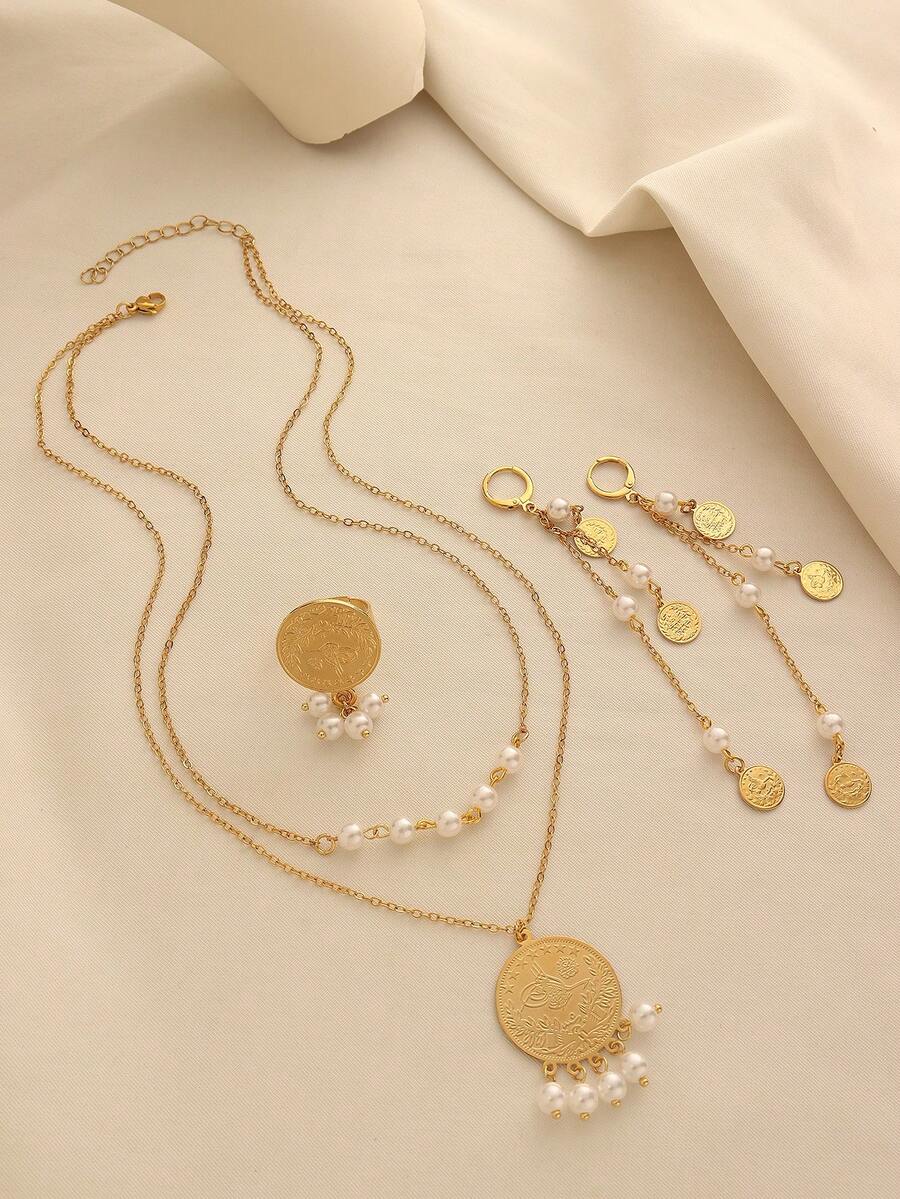 1 Set Vintage Schmuckset aus Kupferlegierung mit Perlenquasten, Münzanhänger, Ohrringe, Ring und Halskette, geeignet für den täglichen Gebrauch von Frauen und als Urlaubsgeschenk - Goldgelb - Übersicht 1