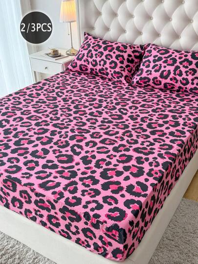 2/3 Pcs Pink Leopard Print Fitted Sheet Set ( 1 Fitted Sheet 1/2 Pillowcases No Comforter)