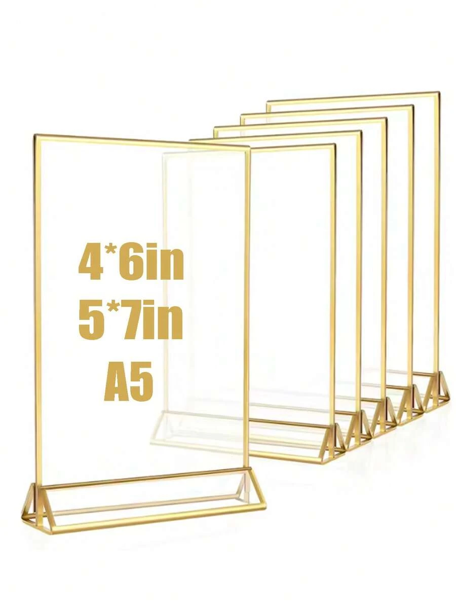 1 件，4*6 英寸，5*7 英寸，A5 尺寸透明亚克力标牌展示架多用途双面金色框架婚礼号码牌桌传单菜单卡架 - 金邊透明 - 查看 1