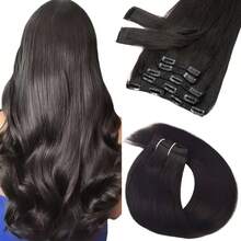 7pcs/Set Clip In Human Hair Extensions Easy To Install - Real Soft Natural Straight Double Lace Weft, Seamless & Breathable With 16 Clips Included Natural Straight - Natural Black - View 2