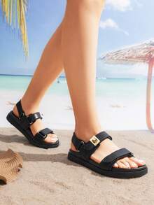 Women Flat Sandals Hook-And-Loop Fashion Summer Comfortable Outdoor Casual Sports Beach Sandals - 黑色 - 查看 6