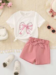2 pièces/Set Ensemble de tenues d'été pour jeune fille 2025 - T-shirt imprimé nœud et shorts avec ceinture, vêtements légers pour tout-petits convenant aux anniversaires, rassemblements familiaux, été et automne (Âge 2-3, 4-5, 6-7 ans)