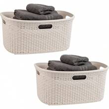 Mind Reader 40L Laundry Basket, Clothes Hamper, Lid, Wicker Design, Plastic, 23L X 14.25x 11H, Ivory-Cll - Ivory - View 1