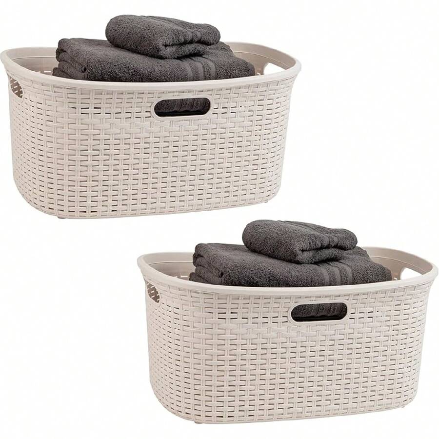 Mind Reader 40L Laundry Basket, Clothes Hamper, Lid, Wicker Design, Plastic, 23L X 14.25x 11H, Ivory-Cll - Ivory - View 1