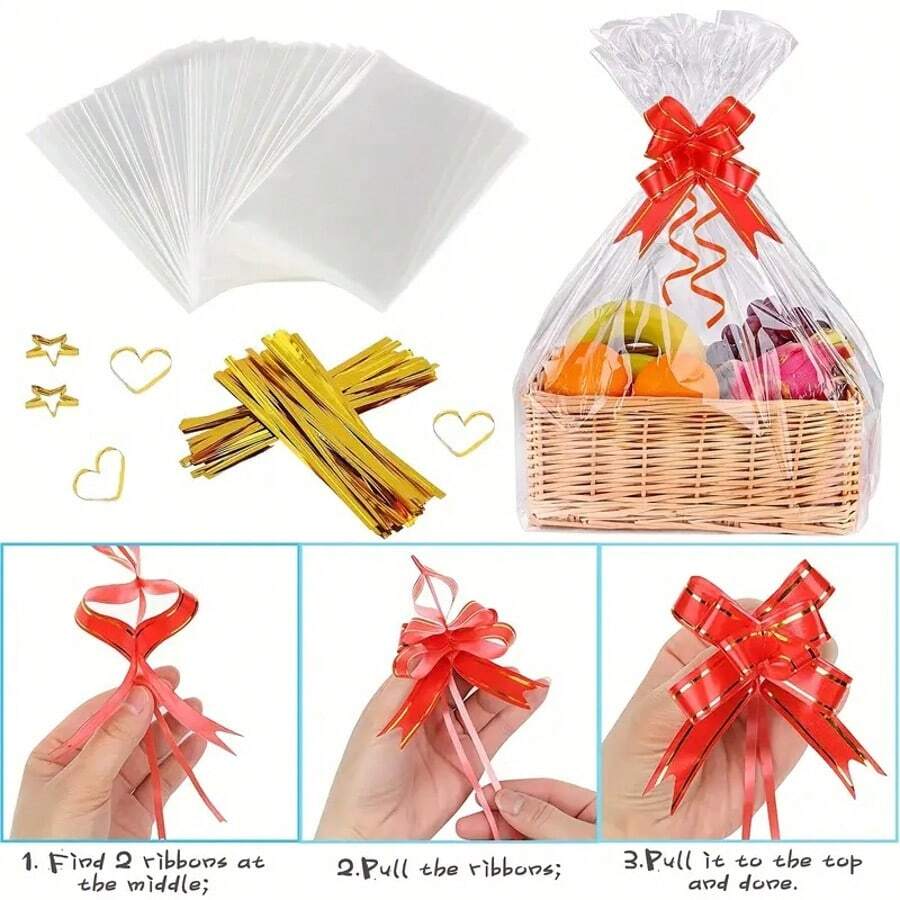 20pcs Big Cellophane Gift Bag With Colorful Bow And Kink, Big Packing Bag For Fruit Basket Packing, Graduation Season, Outdoor Picnic, Birthday, Party Gift Bag