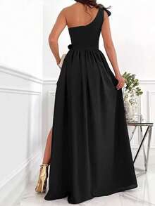 Vestido Con Abertura Elegante Fiestas De Noche Mujer, Vestidos Para Fiestas Elegantes,Vestido De Noche De Fiesta Con Un Hombro Para Mujer,Vestidos De Fiesta,Vestidos Largos Elegantes - Negro - Ver 2