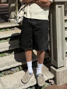 男士百搭纯色休闲宽松牛仔短裤，街头潮流，夏季 - 黑色 - 查看 2