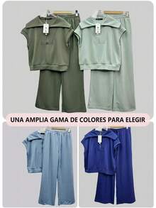 Conjuntos Elegantes para Dama Sudadera de Manga Corta con Cremallera y Pantalón flojo, Conjunto mujer de Fiesta Camiseta Sin Mangas y Pantalones Holgados, Conjuntos Casuales para Mujer de Manga corta y Pantalón Ropa ligera - Negro - Ver 8