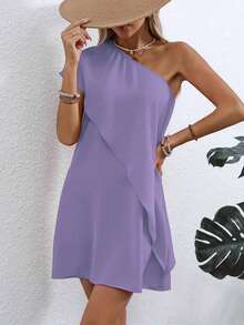 轻盈涤纶露肩不对称连衣裙 - 女式修身休闲