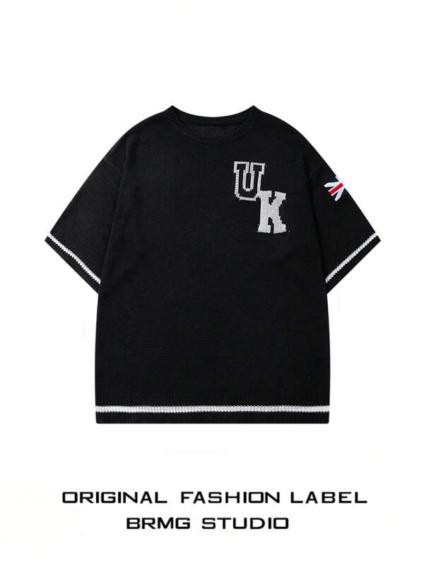 Breathable Casual National Flag & Letter Pattern Loose Crew Neck Short Sleeve Knitted Pullover Sweater Top, Unisex, Spring/Summer
