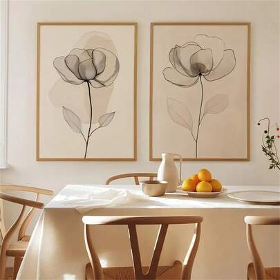 1Pc/2Pcs Beige Wild FlowersTexture Wall Art Decor Posters Modern Abstract Line Watercolor Floral Minimalist Boho Canvas Prints Fashion Paintings For Living Room Bedroom Home Office Dormitory Decor Wall Background Design Picture Framed/Unframed Kitchen Decor