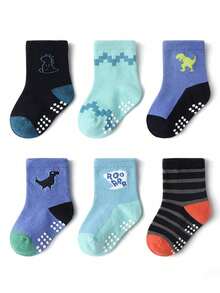 6双/12双防滑卡通星星印花婴儿/儿童袜子，透气幼儿男童/女童防摔袜 - 彩色 - 查看 10