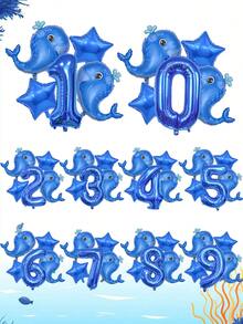 5pcs Blue Whale Theme Balloon Set, Including Blue 0-9 Number Foil Balloons, Blue Star And Blue Whale Balloons, Suitable For Boy Or Girl Birthday Decoration, Baby Shower, Ocean Theme - Multicolor - View 7
