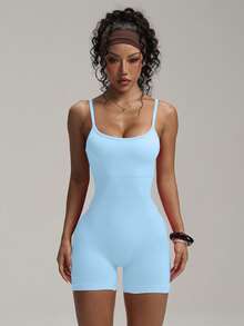 Seamless Sexy Backless Jumpsuit Women - Basic Slim Fit Stretchy Romper With 4-Way Stretch Fabric, Versatile Yoga Gym Workout To Daily Casual Clubwear, Fashion Jumpsuit Shapewear Bodysuit - Baby Blue - View 6