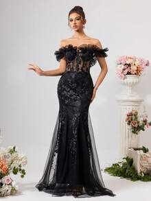 CHOSMO 优雅纯色刺绣蕾丝边针织面料拼接伴娘礼服，适合婚礼、派对、正式场合、晚礼服