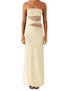 Women's Summer Long Tube Dress Sheer Lace Patchwork Sleeveless Strapless Backless Bodycon Ankle Length Dress - Màu vàng - Xem 6