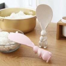 1 pieza Cuchara vertical para arroz con forma de conejo, cuchara de arroz antiadherente y creativa, cuchara de arroz linda para olla arrocera, espátula para arroz que puede mantenerse en pie, color aleatorio - Albaricoque - Ver 4