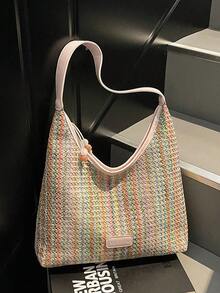 1 pezzo Borsa a spalla casual intrecciata, design colorblock, borsa tote di grande capacità, borsa hobo perfetta per l'uso quotidiano, lo shopping, i viaggi e le vacanze delle donne/ragazze/studenti - Beige - Visualizzare 9