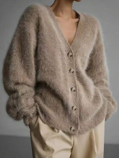 Elegant Lady Casual Fashionable European Style Versatile Knitted Cardigan Sweater, Comfortable Long Sleeve Plus Size Sweater Outerwear