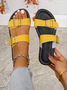 1 par de sandalias de mujer de unicolor con suela tejida de cuerda, estilo callejero ligero y elegante con suela gruesa, adecuadas para vacaciones, uso neutro, interiores, exteriores, playa, todo el año - Amarillo - Ver 7