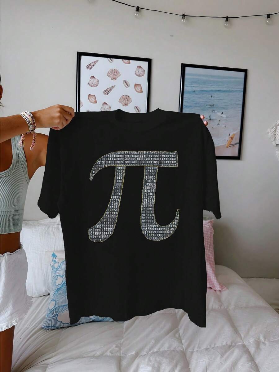 Mathematical Pi Symbol With Digits Pure Cotton Women's Fashion T-Shirt - Black - View 1