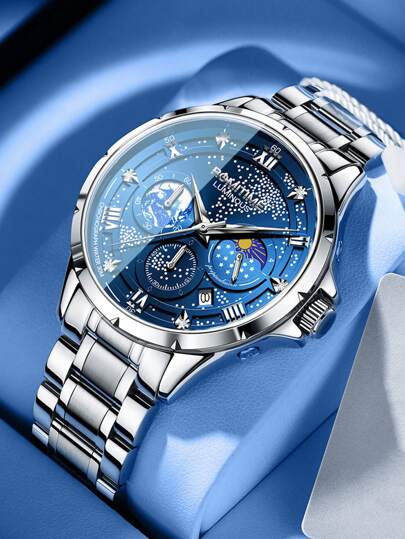 GUANQIN 1 Stück GUANQIN wasserdichte Chronographenuhr, einzigartiges Design mit leuchtendem Sternenhimmel, Kalender, Mondphase, Strass-Zifferblatt, kratzfester Edelstahlarmband, geschäftlich, Luxus, sportlich, klassisch, einfach, Lässig, selbstaufziehend, automatische mechanische Herrenuhr, geeignet für Valentinstag, Feste, Dates, Alltag, Geschenke